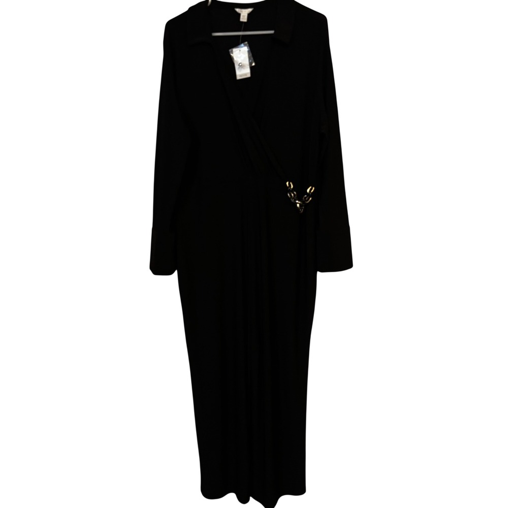 Cato Women's Jumpsuit XLP NWT Black Wrap Front Long Sleeve Wide Leg Petite